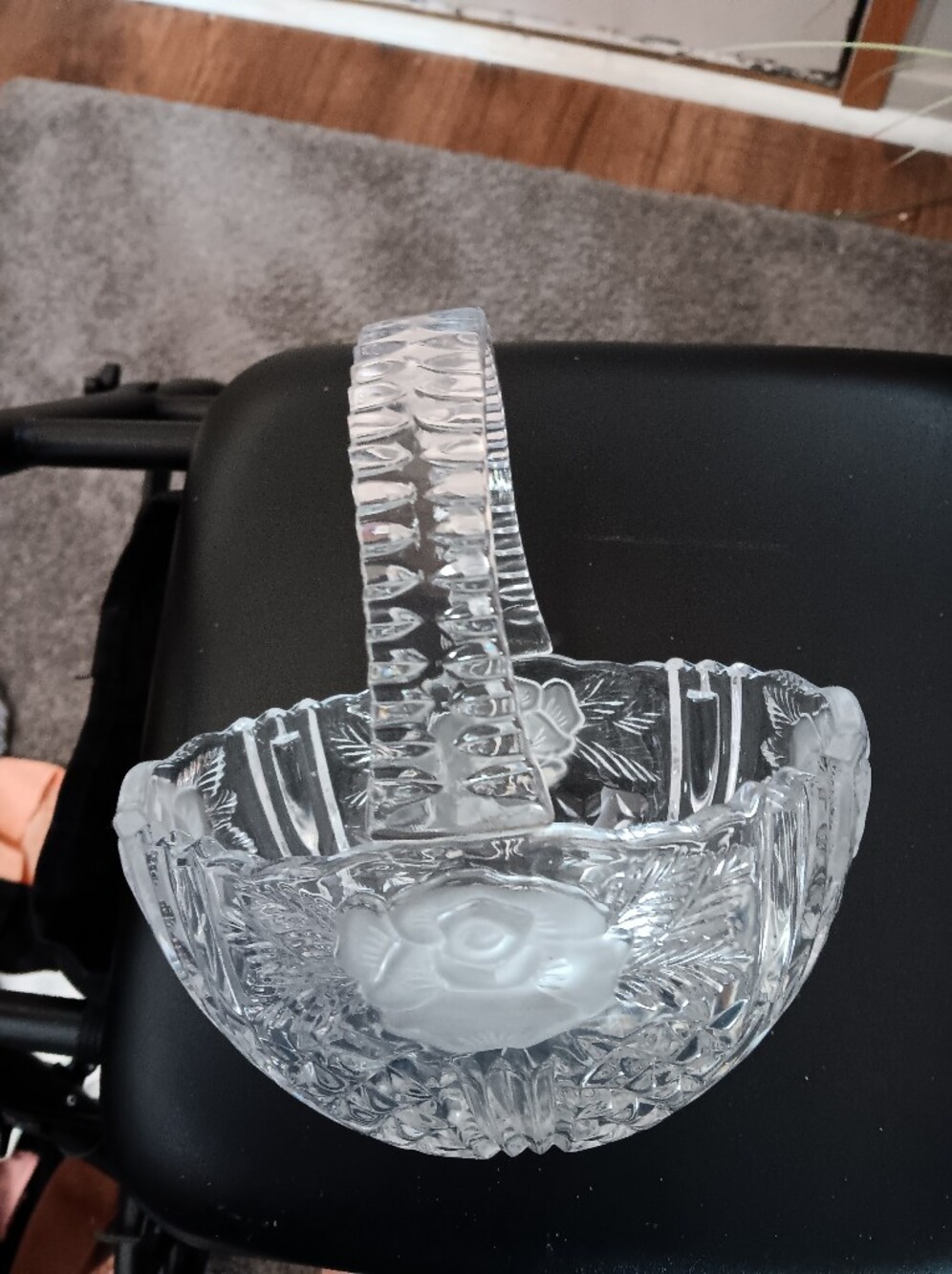 Clear Cut Glass Basket with Raised Rose Panels